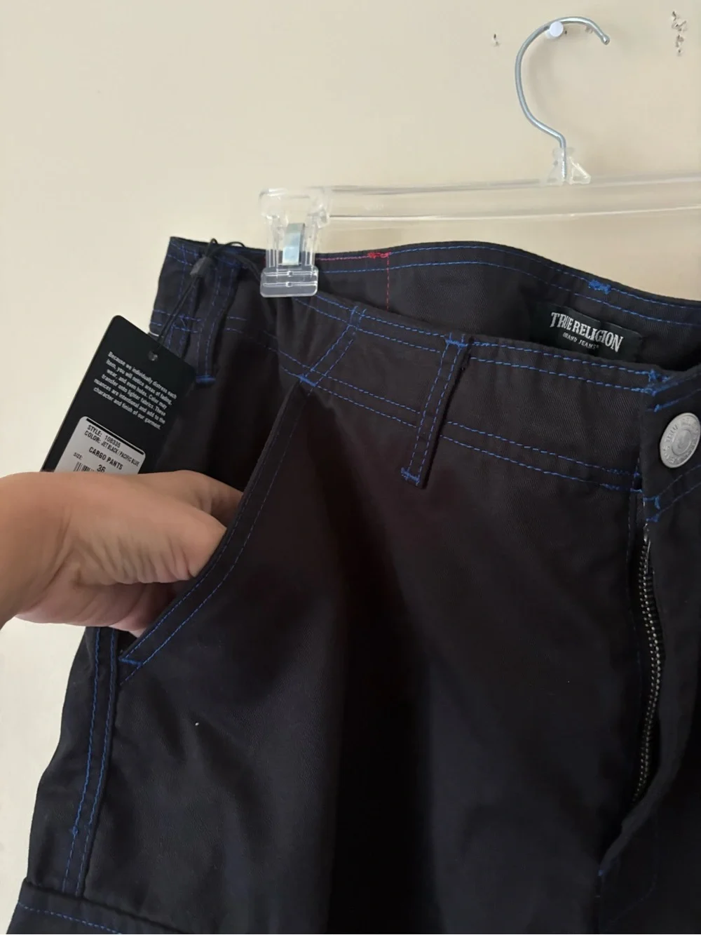 True Religion Black Cargo Pants with Blue Stitching Sz. 36 New